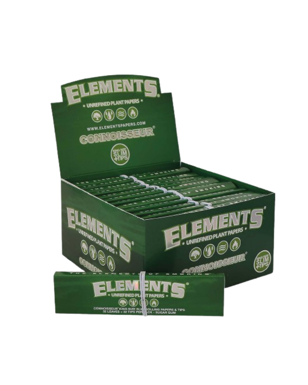 Elements Green Connoisseur – King Size Slim + Tips (32 blad, 24 förpackningar per box)